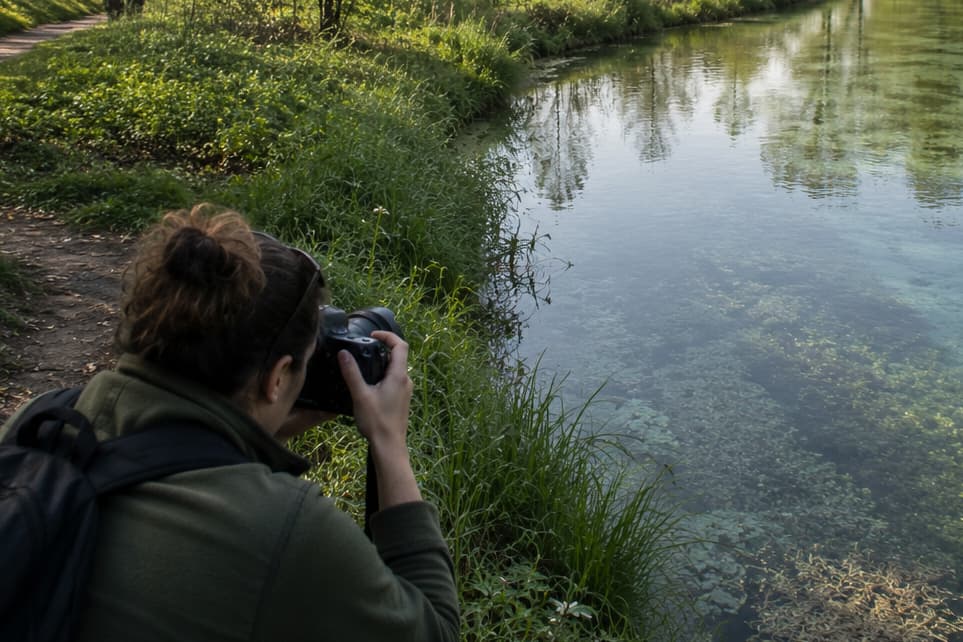 Una persona di spalle fotografa un canale limpido del Palù di Livenza durante un workshop di fotografia paesaggistica, accanto a un sentiero naturale.
